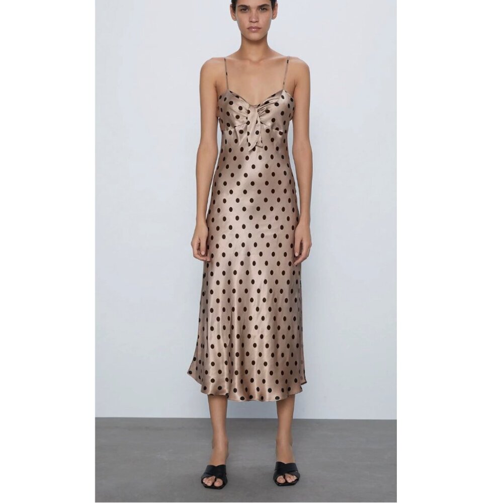 Zara Printed Polka Dot Satin Slip Midi Dress S